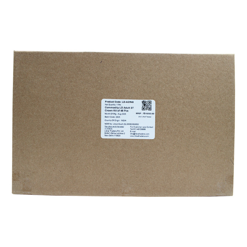 LD Dental Disposables adult permanent crown starter kit with pedo crowns, featuring various dental crown components on a white background.