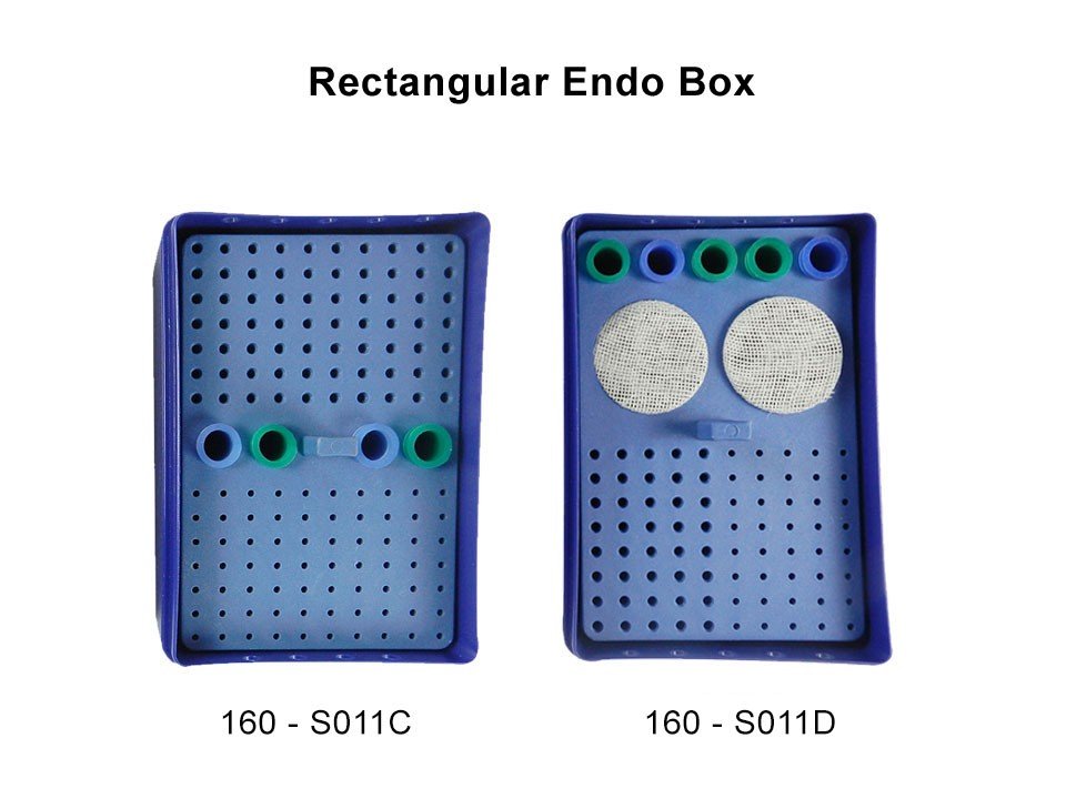 LD Dental Disposables LD Rectangular Endo Box 160, bur accessory for endodontic procedures, in a clear plastic container.