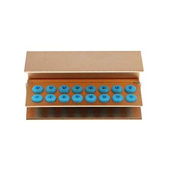 Metal LD Bur Holder with 16 holes, dental bur accessories by LD - Dental Disposables, showing securely organized dental burs.