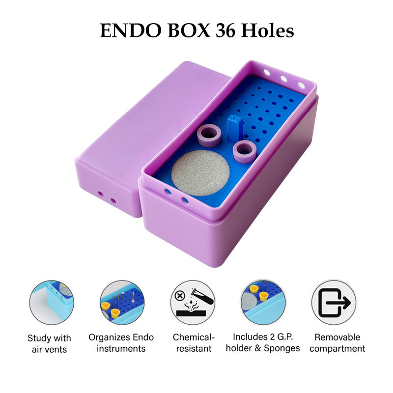 LD Dental Disposables Endo Box with 36 holes, all-in-one bur accessory storage for dental procedures.