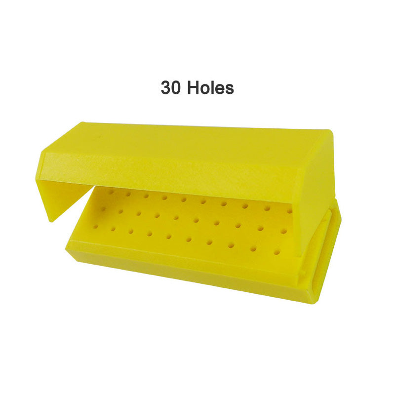 LD Plastic Bur Holder with 30 holes, dental bur accessories by LD Dental Disposables, held in a clear plastic container.