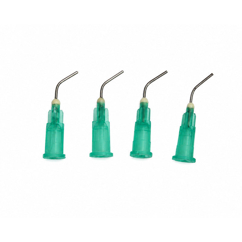 Set of LD Pre-Bent Dispensing Tips for dental composites, 18-g, in a pack of 100, designed for precise application.