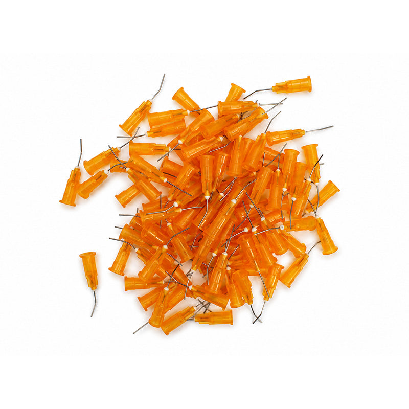 Set of LD Pre-Bent Dispensing Tips for dental composites, showing 18-g tips in a clear plastic package.
