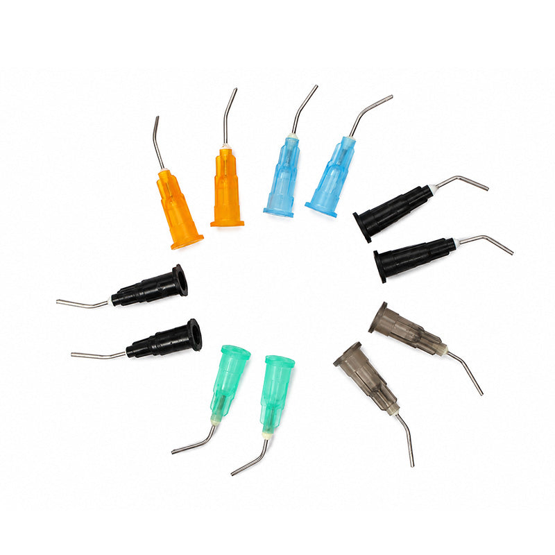 Pack of 100 LD Pre-Bent Dispensing Tips for composites, designed for dental procedures by LD Dental Disposables.