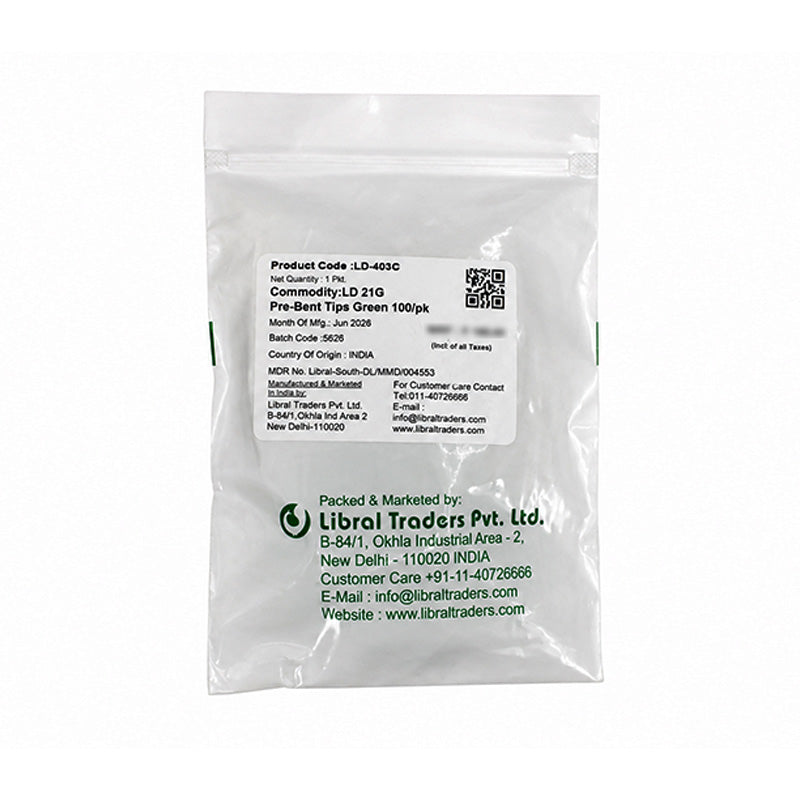 Set of LD Pre-Bent Dispensing Tips for composites, 18G, designed for dental applications, in a pack of 100.