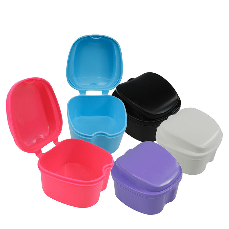 Assorted LD Denture & Retainer Boxes from Dental Disposables, 10-pack with clear and colored containers for denture storage.