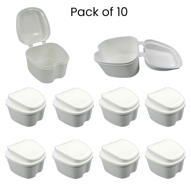 Assorted LD Denture & Retainer Boxes in a 10-pack, compact and portable denture storage cases from LD Dental Disposables.