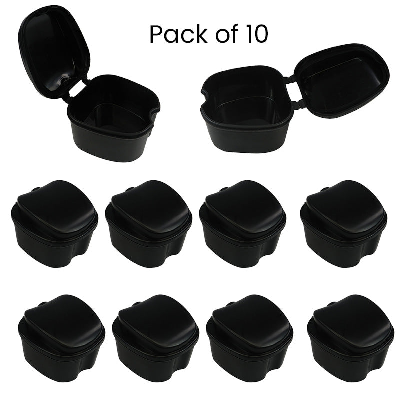 Assorted LD Denture & Retainer Boxes, set of 10, with secure lids, used for storing dental appliances securely.