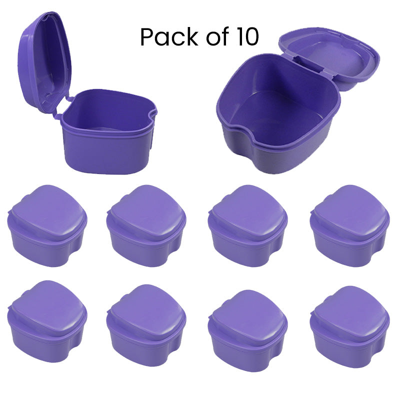 Set of 10 LD Denture & Retainer Boxes by LD Dental Disposables, assorted sizes for secure storage of dentures and retainers.