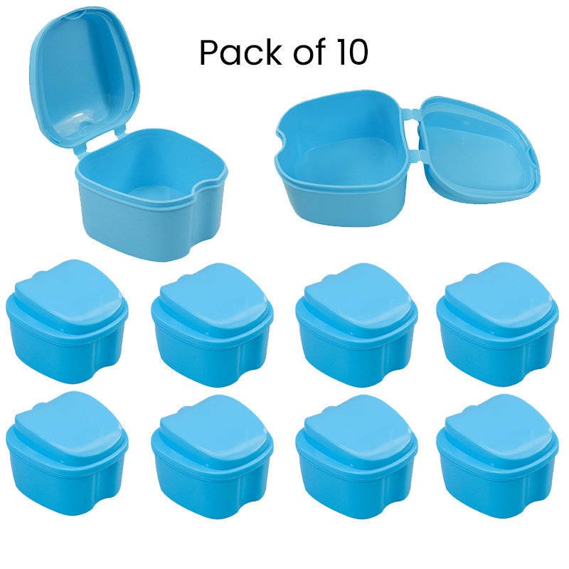 Assorted LD Denture & Retainer Boxes in a 10-pack, compact plastic containers for storing dental appliances.