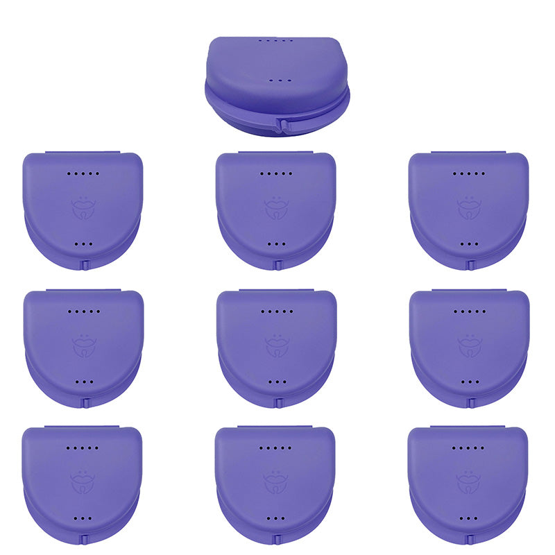 Assorted medium LD Dental Disposables retainer boxes for storing dentures and retainers, set of 10 in various colors.