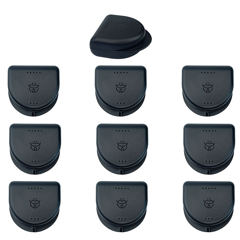 Assorted LD Dental Disposables medium denture and retainer boxes in a pack of 10, designed for safe storage of dental appliances.