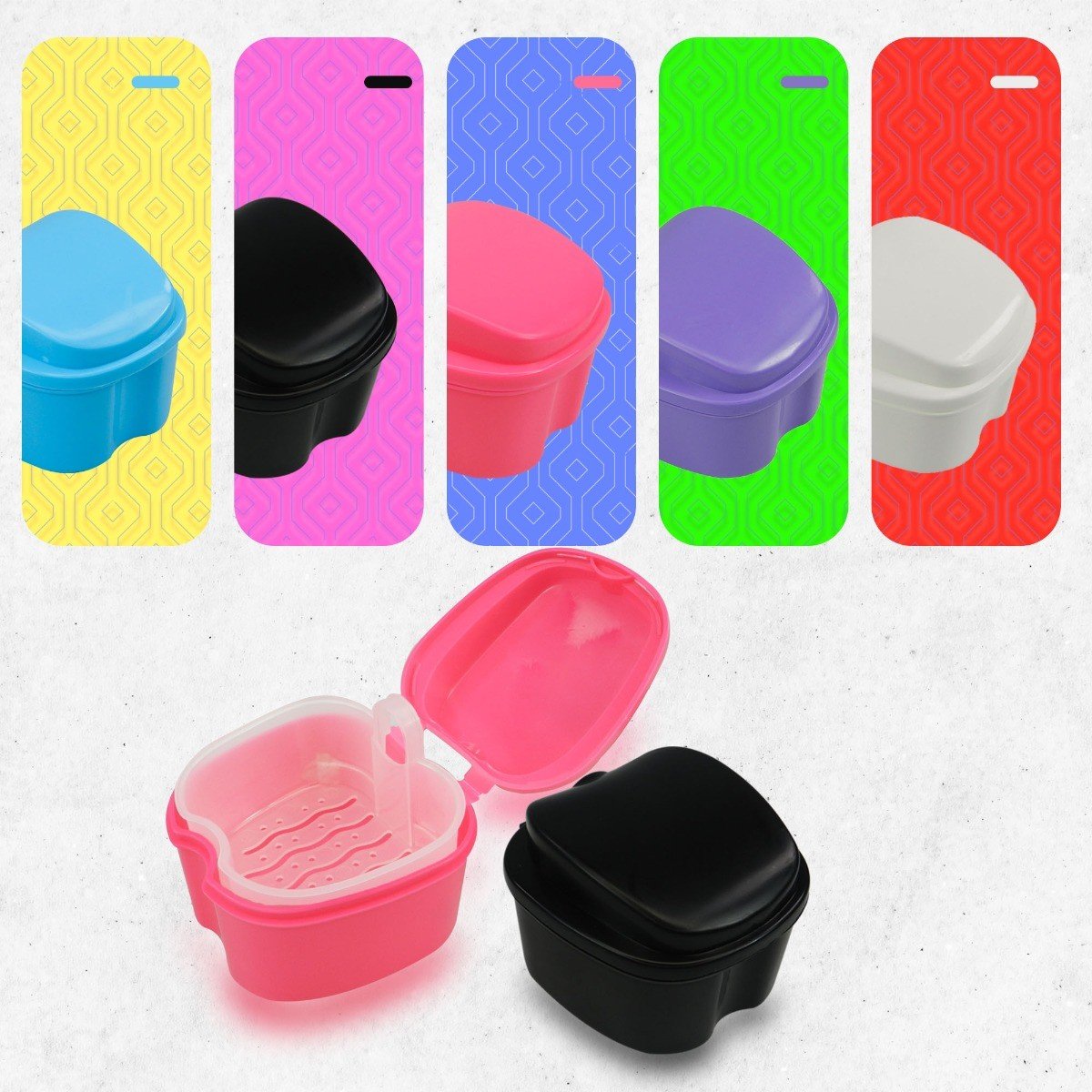 LD Denture Box with inner tray for storing dentures and retainers, featuring a secure lid and compact design for easy handling.