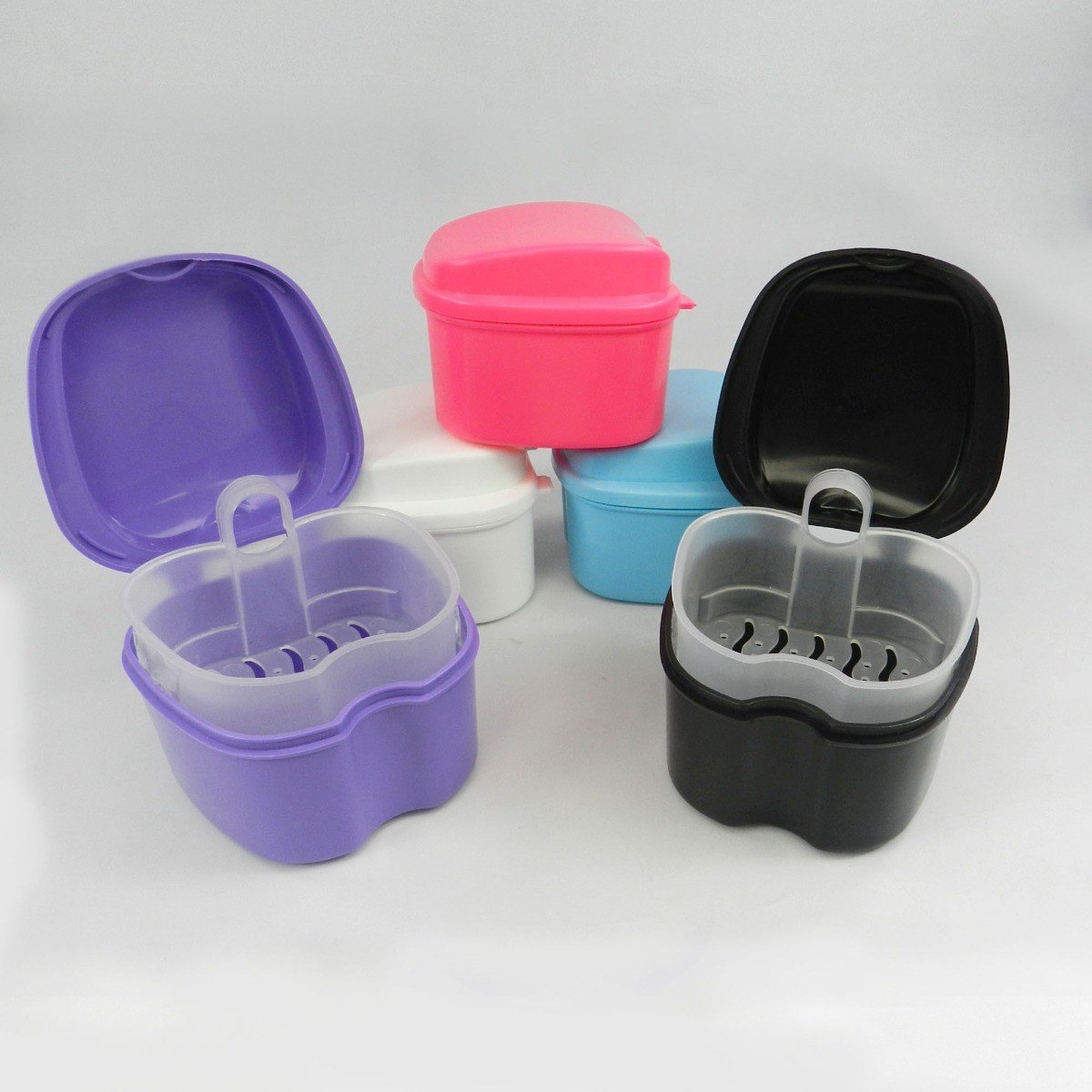 LD Denture and Retainer Boxes with inner tray, secure plastic storage containers for dentures and retainers.