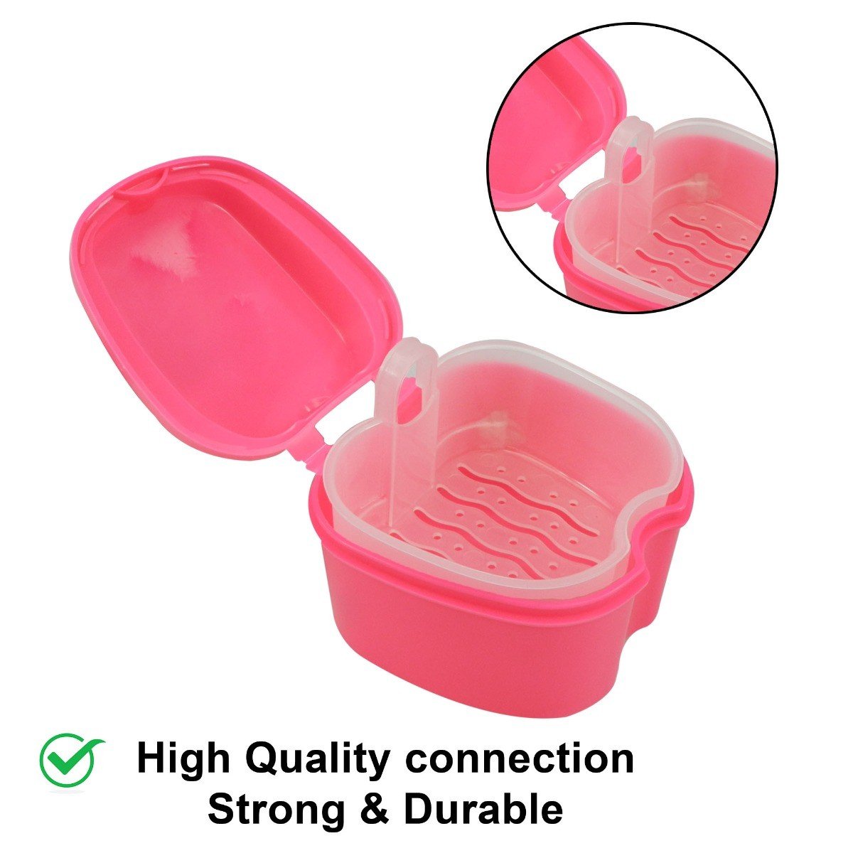 Pink LD Denture Box with inner tray for secure storage of dentures and retainers, designed by LD Dental Disposables.