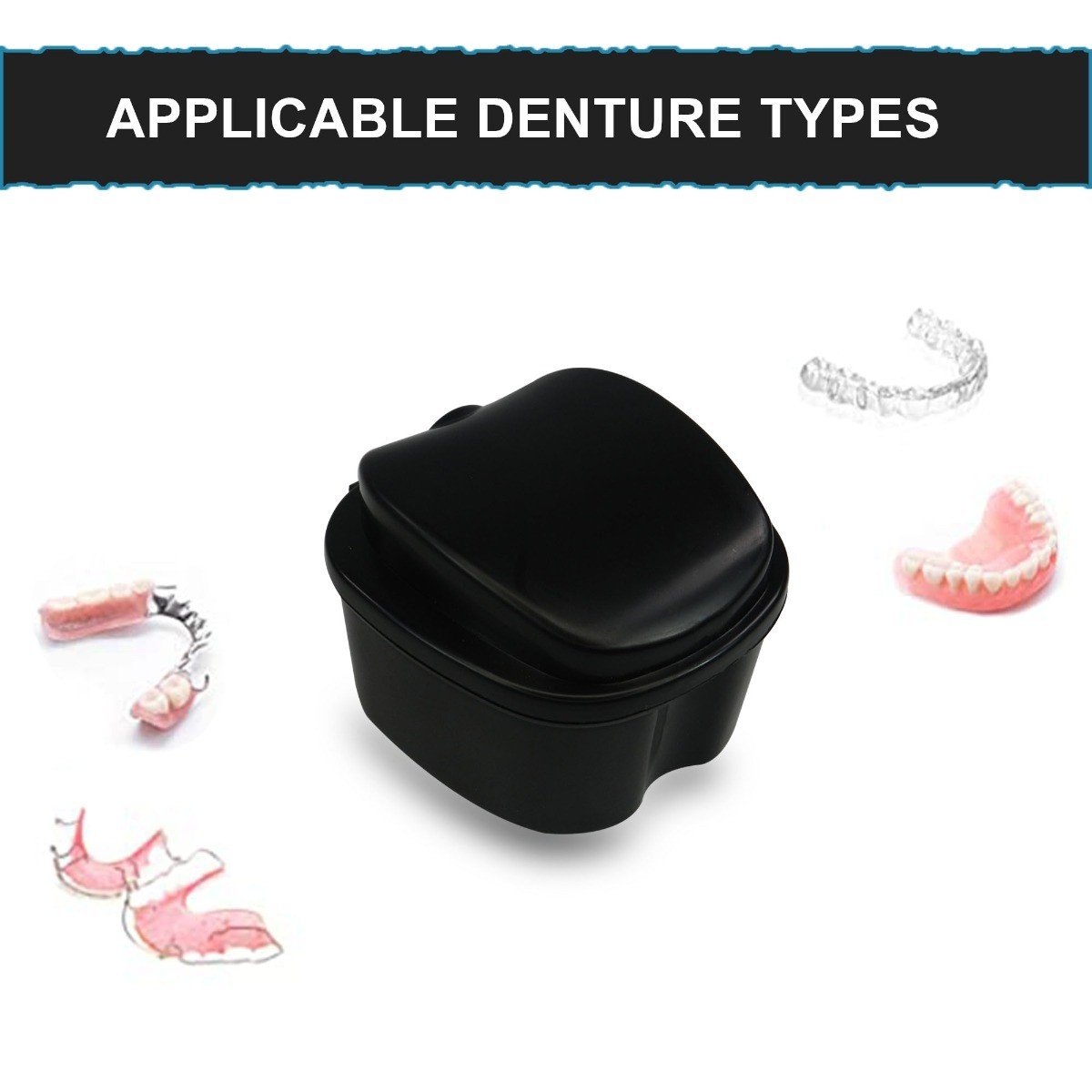 LD Denture and Retainer Box with inner tray, secure storage container for dentures and dental retainers.