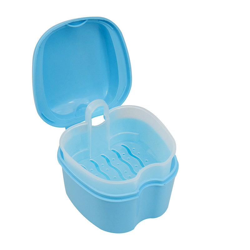 LD Denture and Retainer Box with clear inner tray for secure storage of dental appliances.