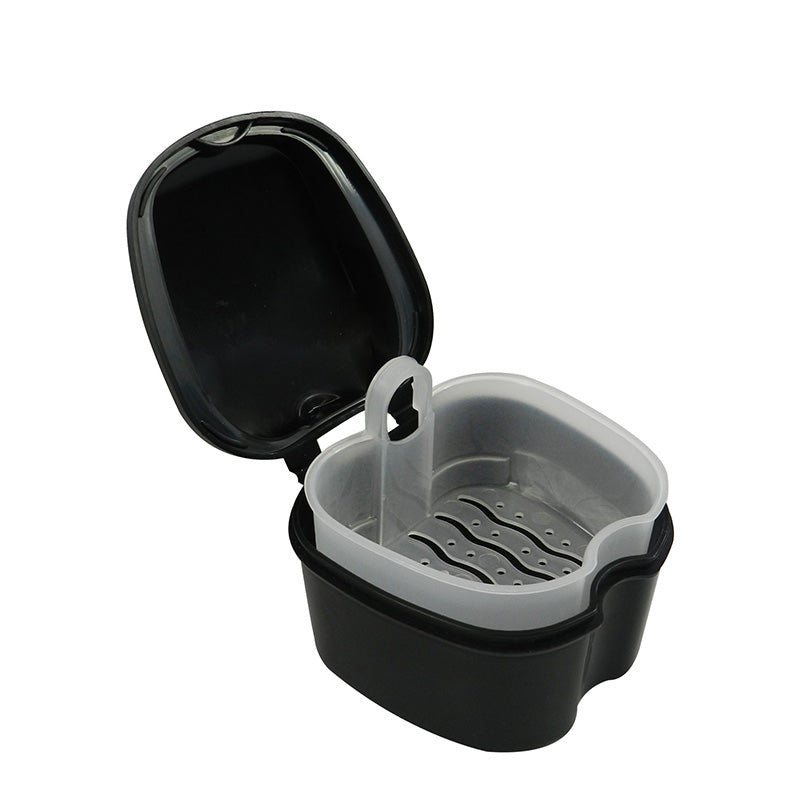 LD Denture and Retainer Box with inner tray, white plastic storage case for dentures and retainers.