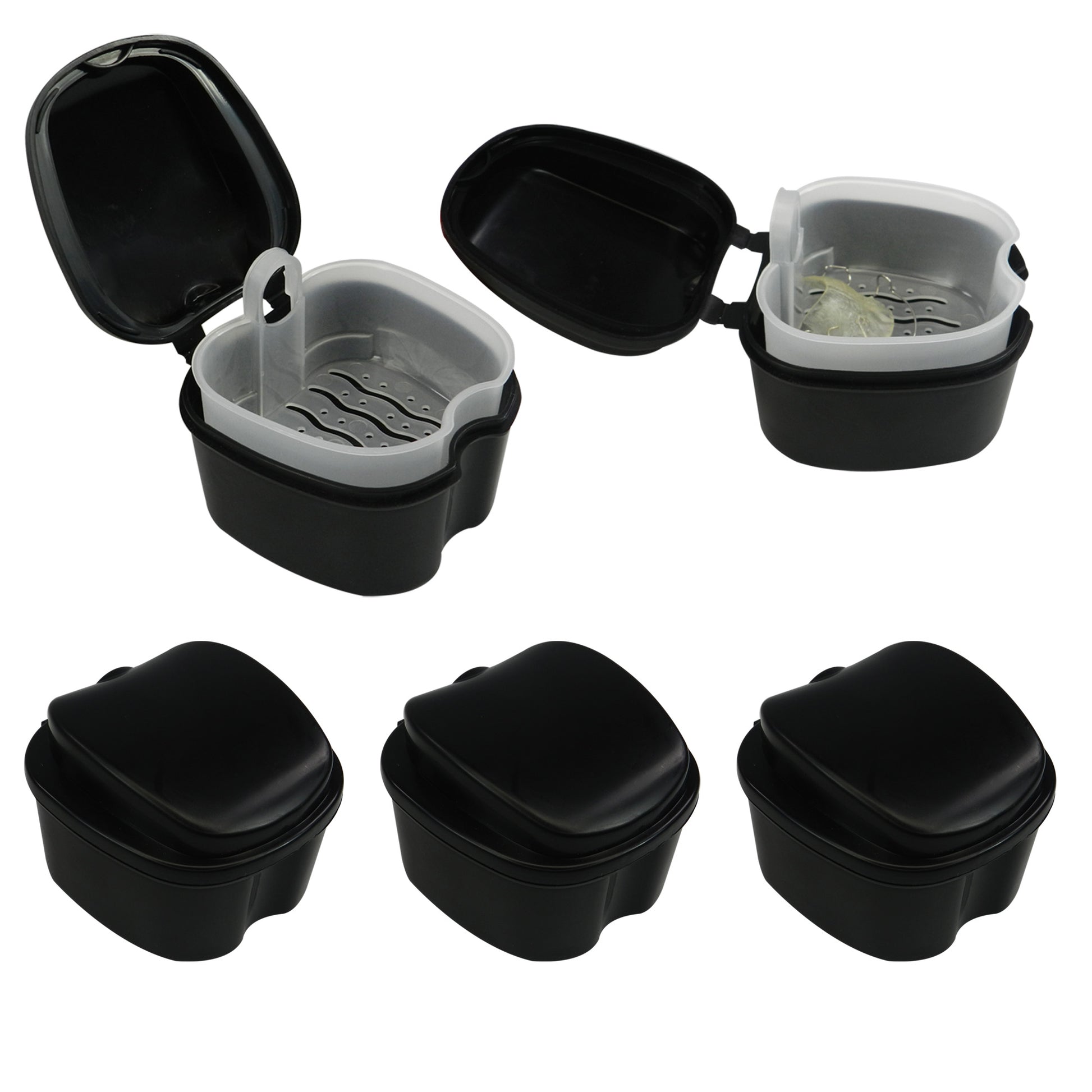 Pack of five LD Denture and Retainer Boxes with inner trays for safe storage of dental appliances.