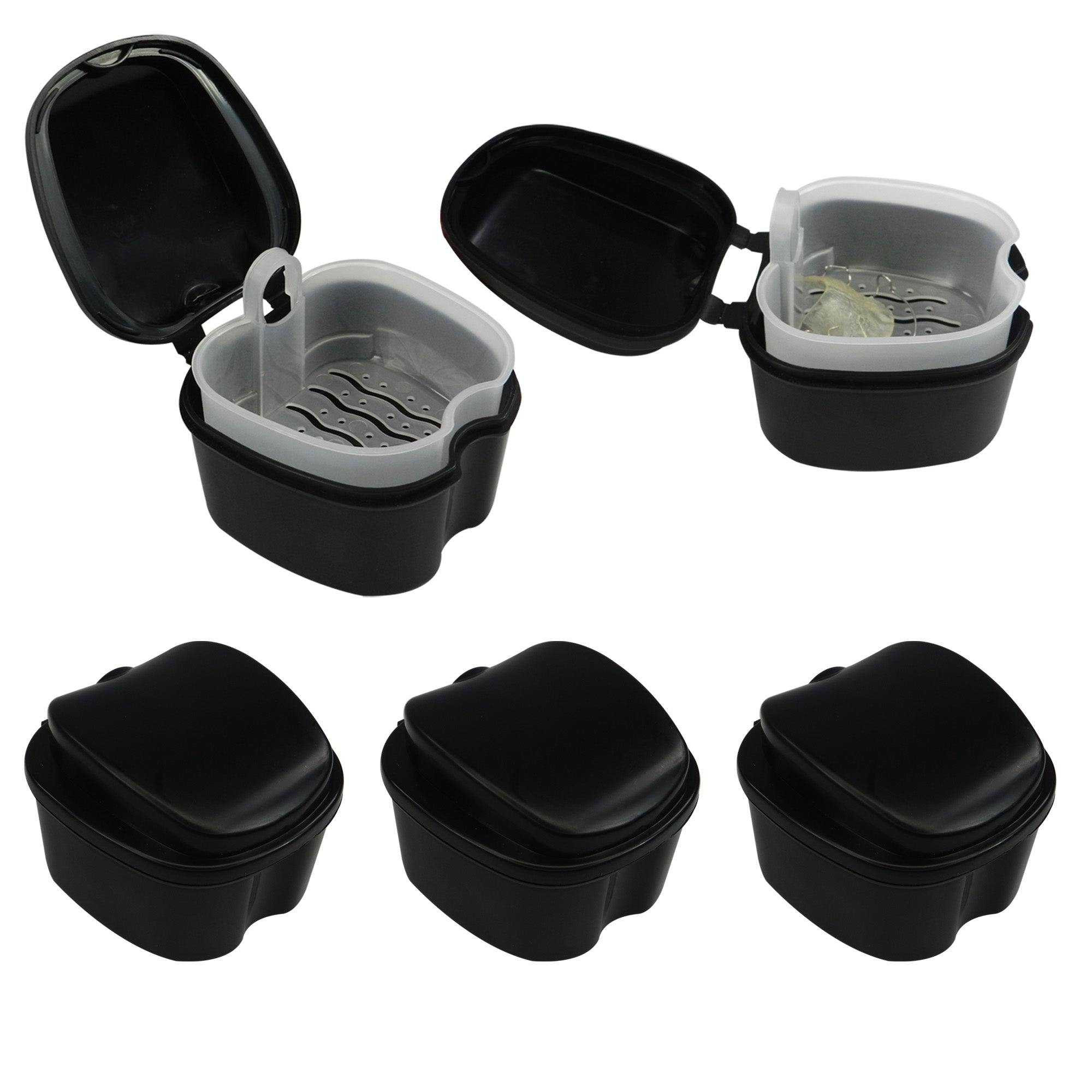 Pack of five LD Denture and Retainer Boxes with inner trays for safe storage of dental appliances.