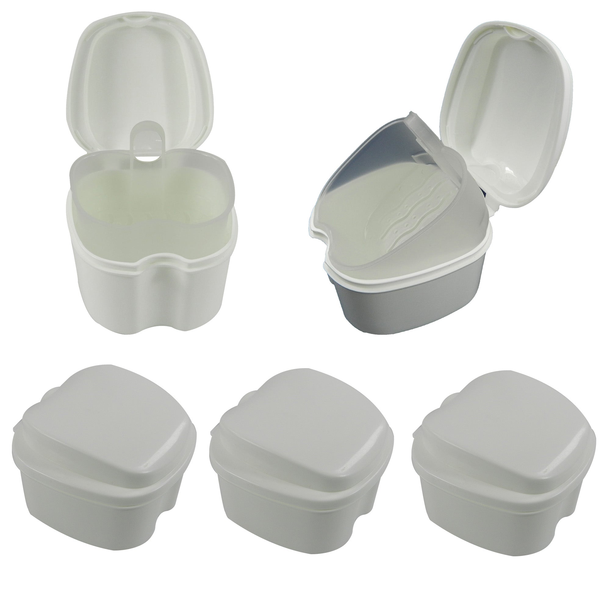 Pack of five LD Denture & Retainer Boxes with inner trays for secure storage of dental prosthetics.