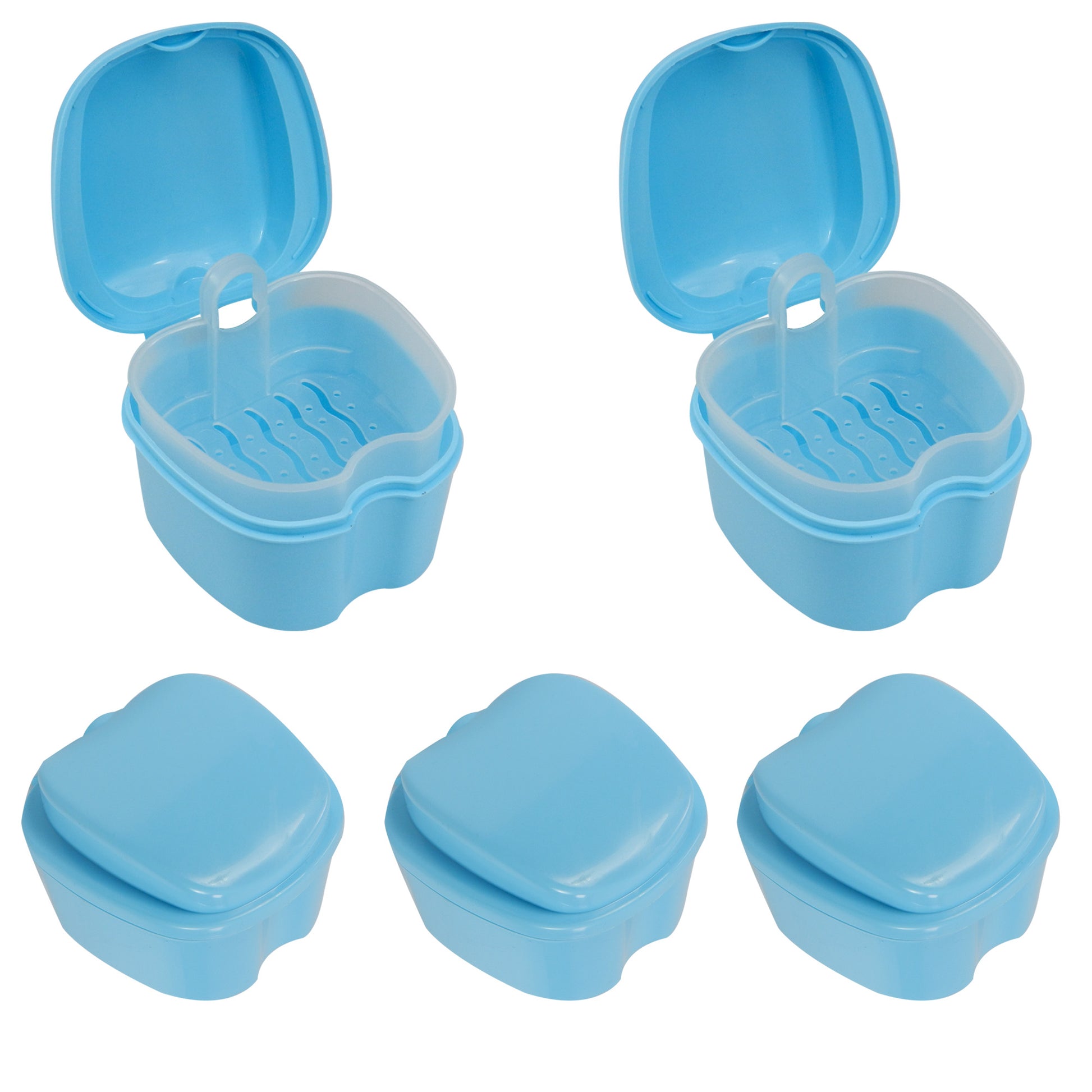 Pack of five LD Denture & Retainer Boxes with inner trays, designed for secure storage and organization of dental prosthetics.
