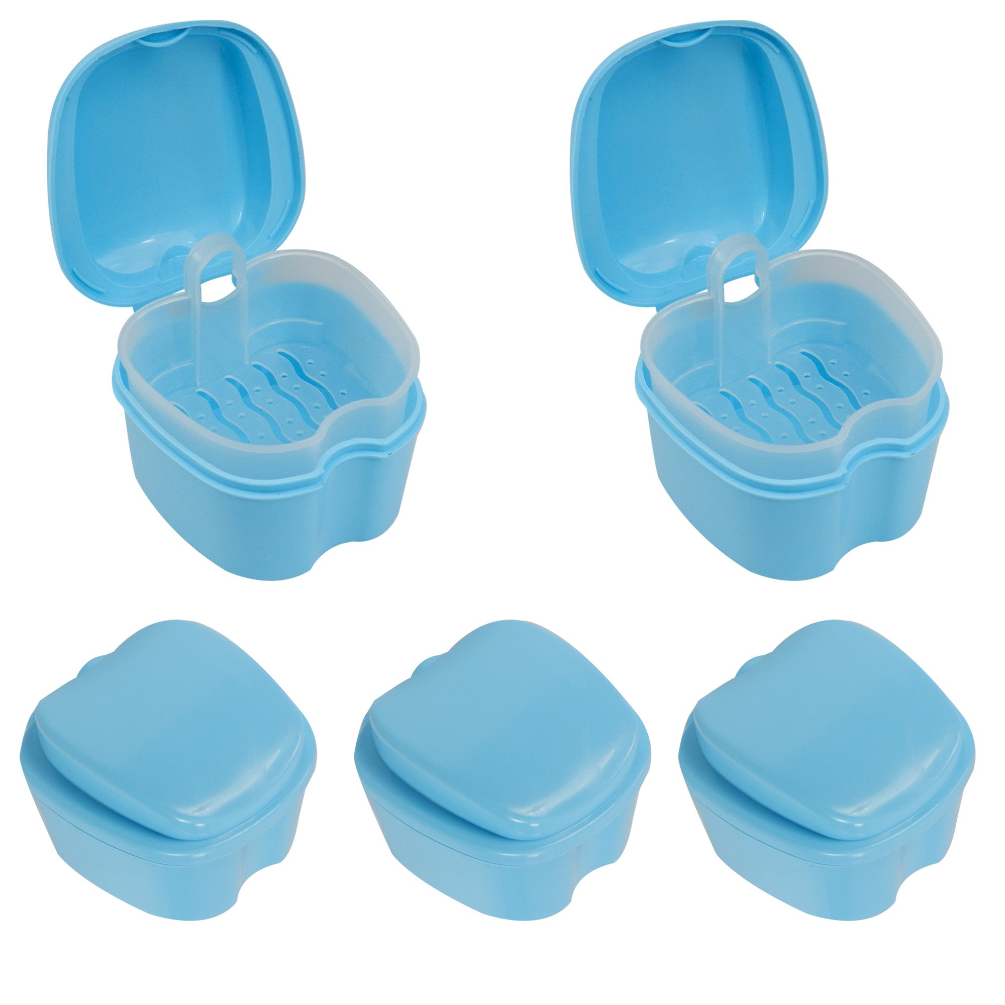 Pack of five LD Denture & Retainer Boxes with inner trays, designed for secure storage and organization of dental prosthetics.