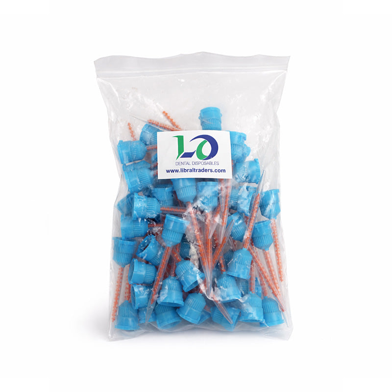 Blue and orange LD Dental Disposables mixing tips, 50-pack, designed for dispensing guns for dental applications.