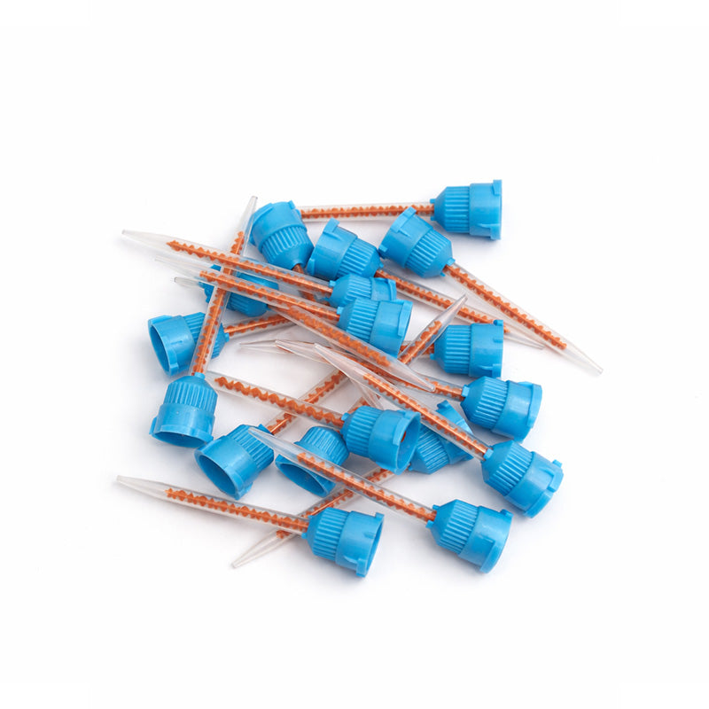 Blue and orange LD Dental Disposables mixing tips for dispensing guns, 50-pack, used for precise dental material mixing.