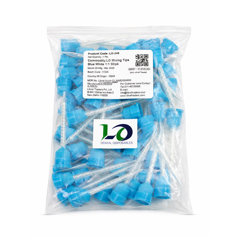 Blue and white LD mixing tips for dental dispensing guns, designed for 1:1 mixing ratio, made by LD Dental Disposables.