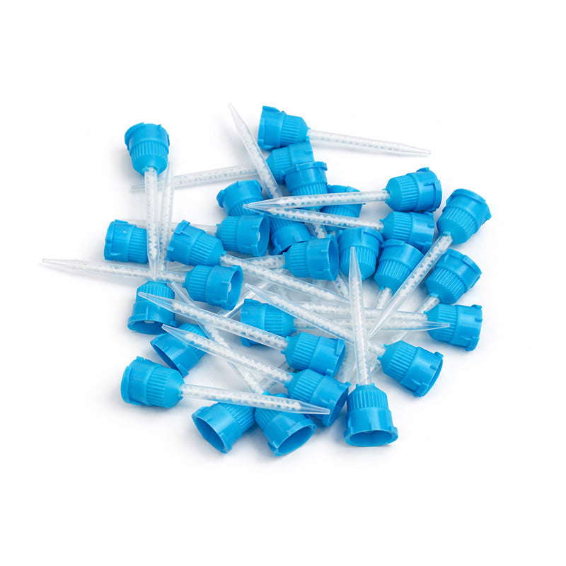 Blue and white LD mixing tips for dispensing guns, designed for precise 1:1 mixing in dental applications.