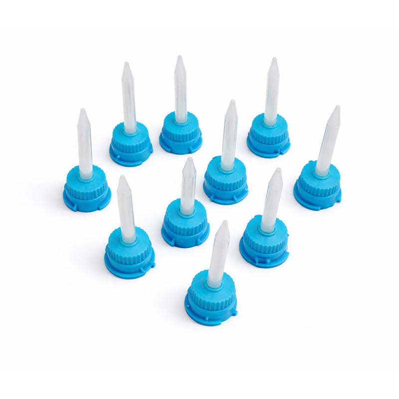 Blue and white LD mixing tips for dental dispensing guns, designed for 1:1 mixing, used in dental procedures.