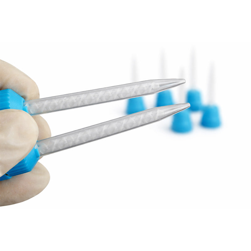 LD Dental Disposables mixing tips in blue and white for dispensing guns, designed for precise 1:1 mixing applications.