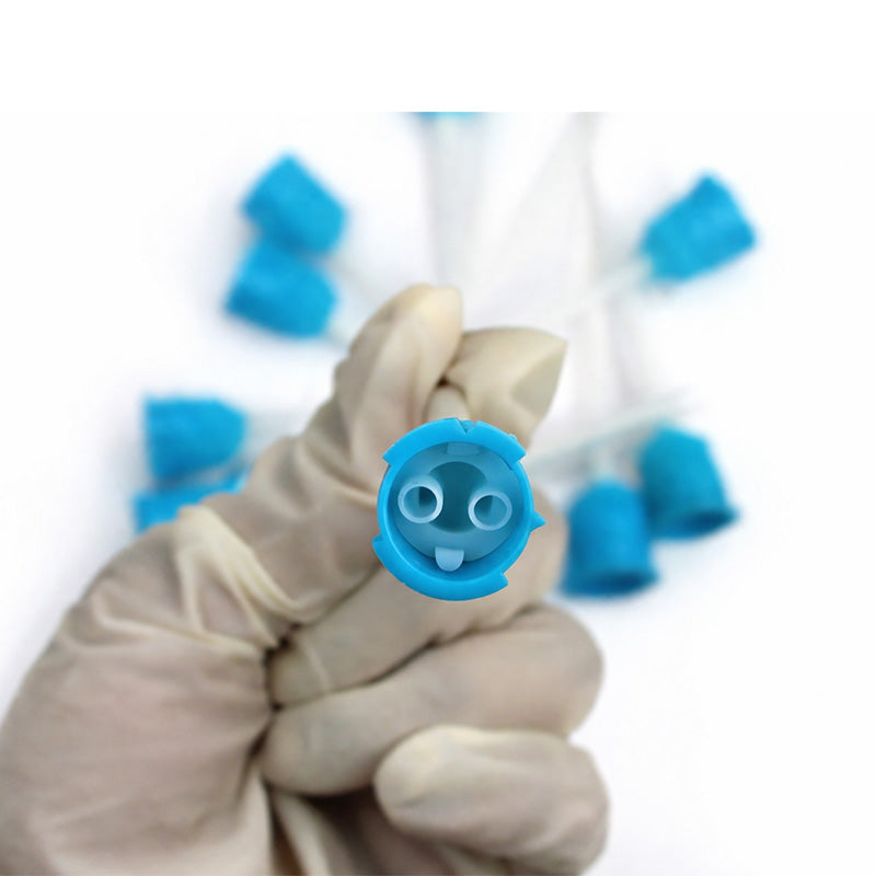 LD Dental Disposables mixing tips in blue and white for dispensing guns, designed for precise 1:1 mixing.