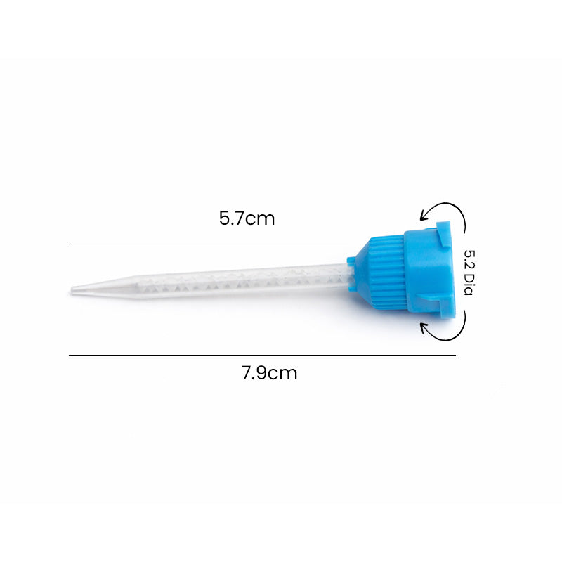 Blue and white LD mixing tips for dispensing guns, designed for precise 1:1 mixing in dental applications.