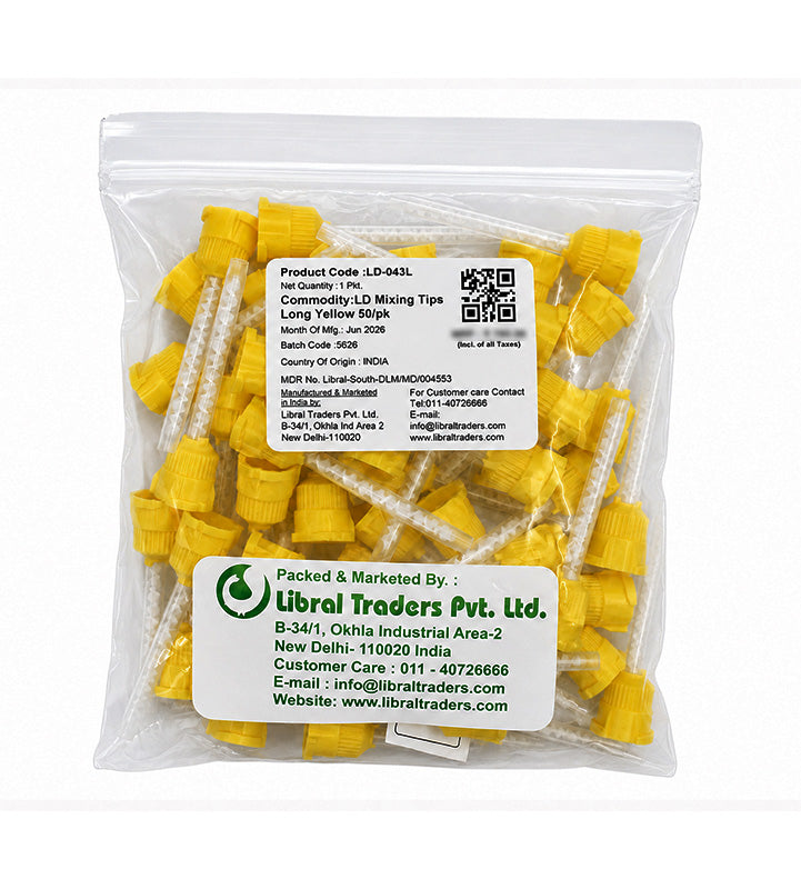 Set of 50 yellow LD dental mixing tips for dispensing guns, long and tapered, used for precise dental material application.