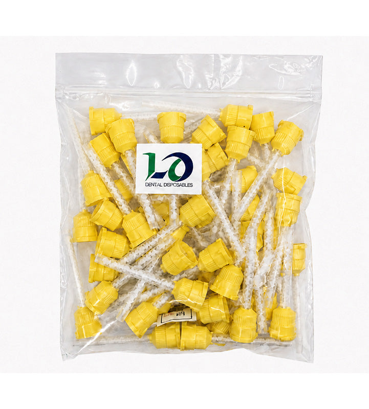 Long yellow LD mixing tips for dental dispensing guns, 50-pack, designed for precise, easy mixing of dental materials.