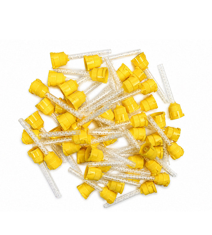Long yellow LD mixing tips for dental dispensing guns, shown in a pack of 50, used for precise dental material mixing.