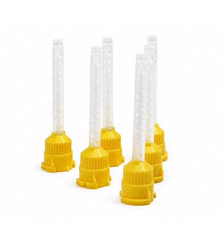 LD Dental Disposables long yellow mixing tips for dispensing guns, shown in a pack of 50, designed for precise dental material mixing.