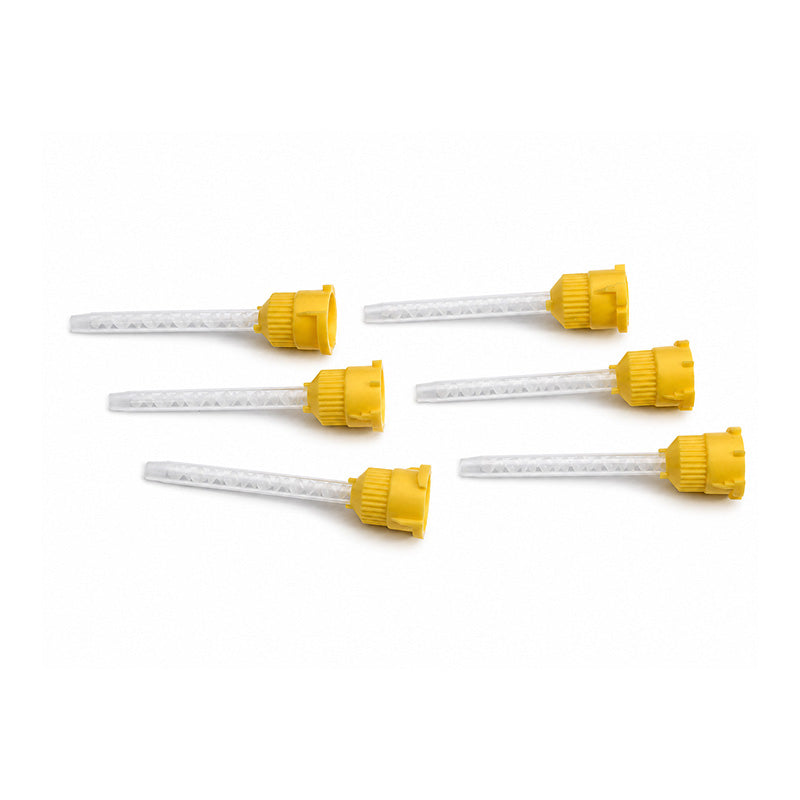 Long yellow LD Dental Disposables mixing tips for dispensing guns, shown in a pack of 50.
