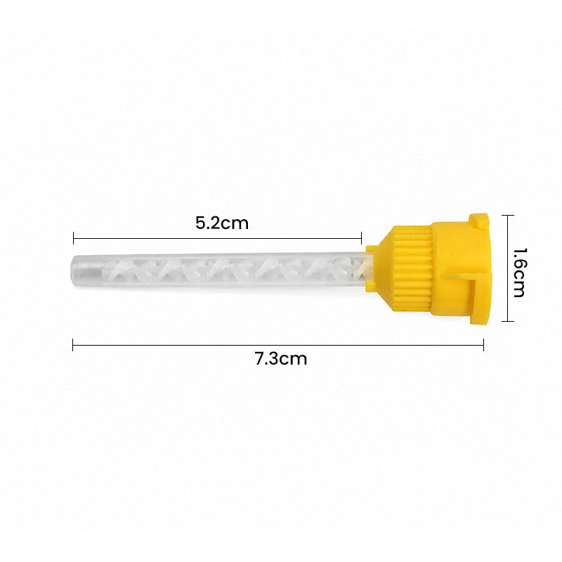 Long yellow LD dental mixing tips for dispensing guns, shown in a pack of 50, used for precise dental material application.