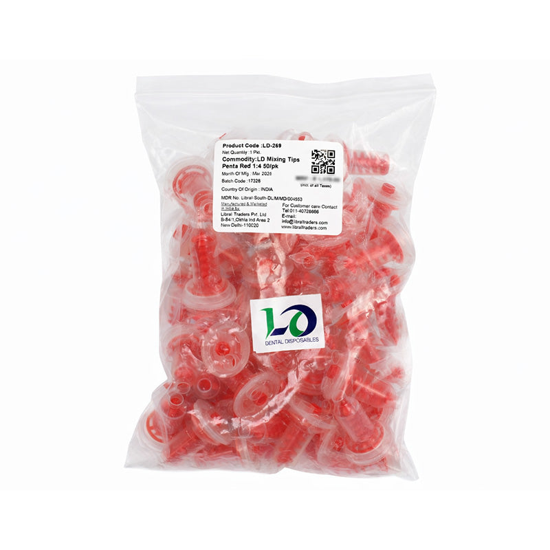 LD Dental LD Mixing Tips Penta Red 1:4, dispensing tips for dental guns, shown in a pack of 50.