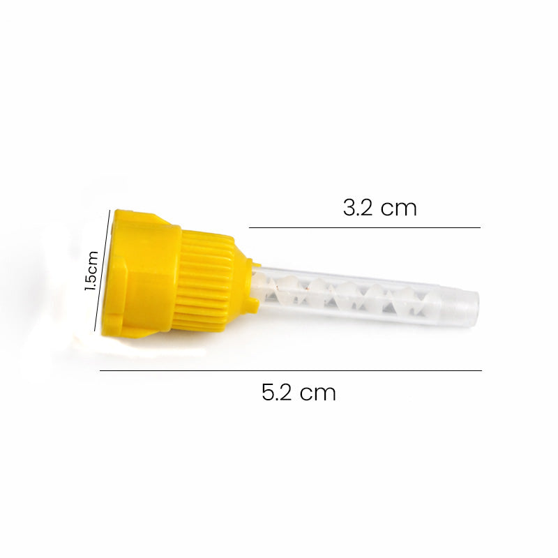 Box of 50 LD Dental Disposables Regular Yellow Mixing Tips for dispensing guns, used for precise dental material application.