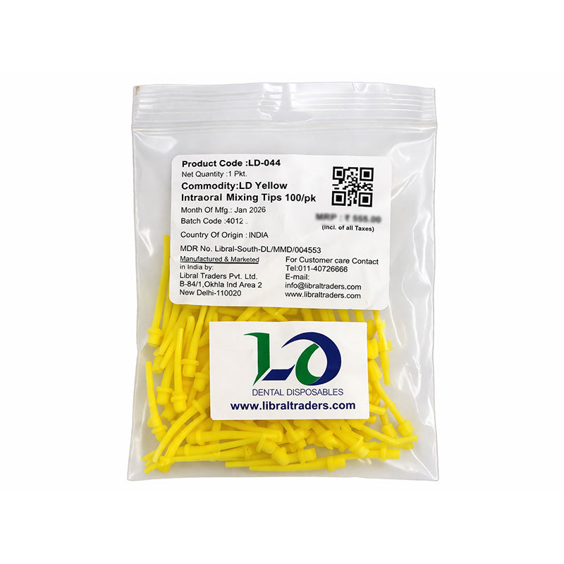 Yellow LD intraoral mixing tips for dental dispensing guns, 100-pack, disposable intraoral mixing tips for dental procedures.
