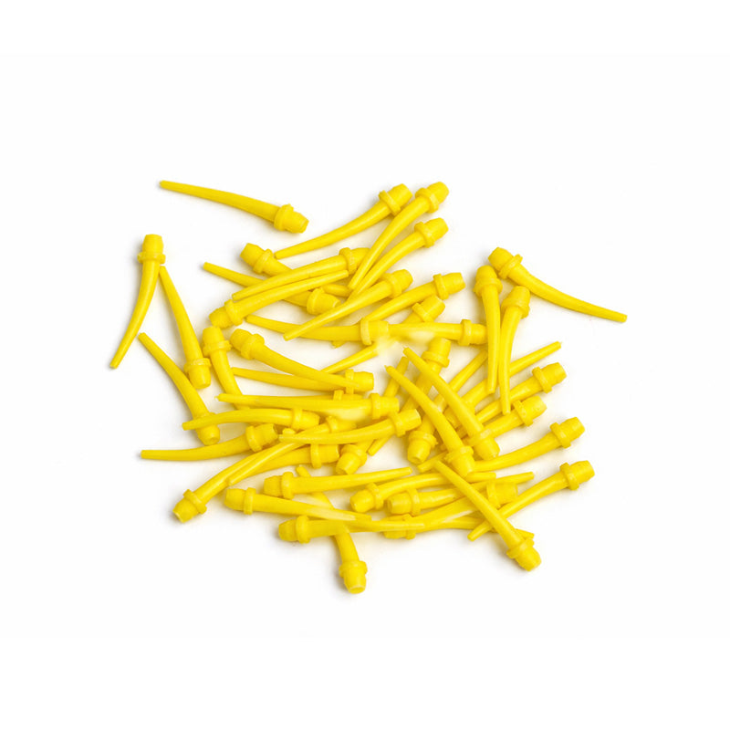 Yellow LD intraoral mixing tips for dental dispensing guns, shown in a pack of 100, used for precise dental material mixing.