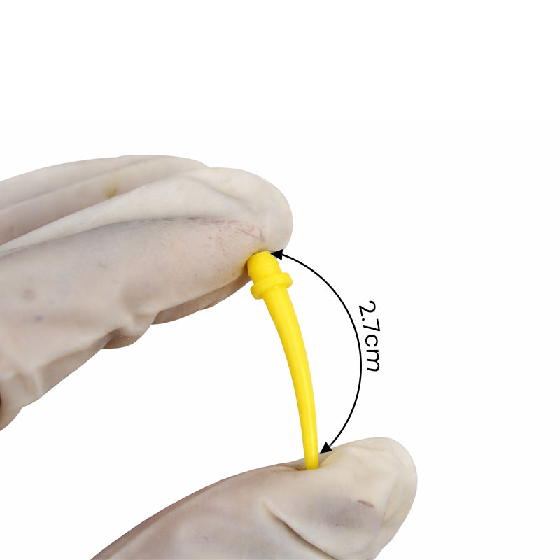 Yellow LD intraoral mixing tips for dental dispensing guns, shown in a pack of 100 disposable intraoral mixing tips.