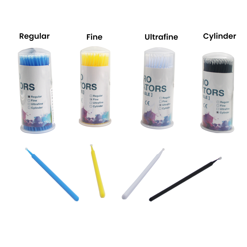 LD Disposable Micro Applicators for precise dental application, shown with ultrafine tips and dispensing gun.