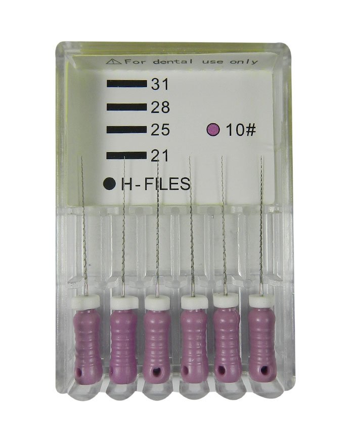 Pack of 6 LD H Files endo instruments in size 10, stainless steel, 21 mm length for dental procedures.