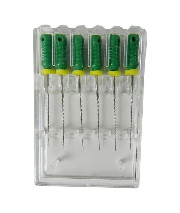 Set of 6 LD H Files endodontic instruments by LD Dental Disposables, stainless steel, size 10, 21mm length, endo dental tools.