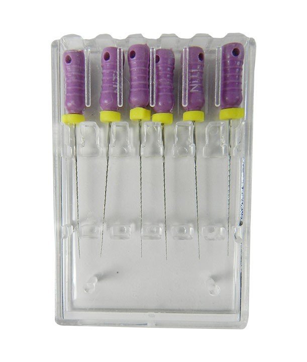 Set of 6 LD H Files Endo Instruments by LD Dental Disposables, stainless steel, size 10, length 21 mm for root canal procedures.